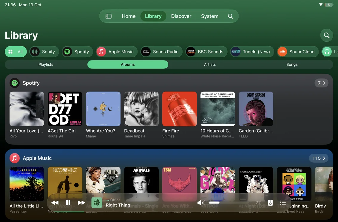The Library on iPad: Spotify and Apple Music albums.