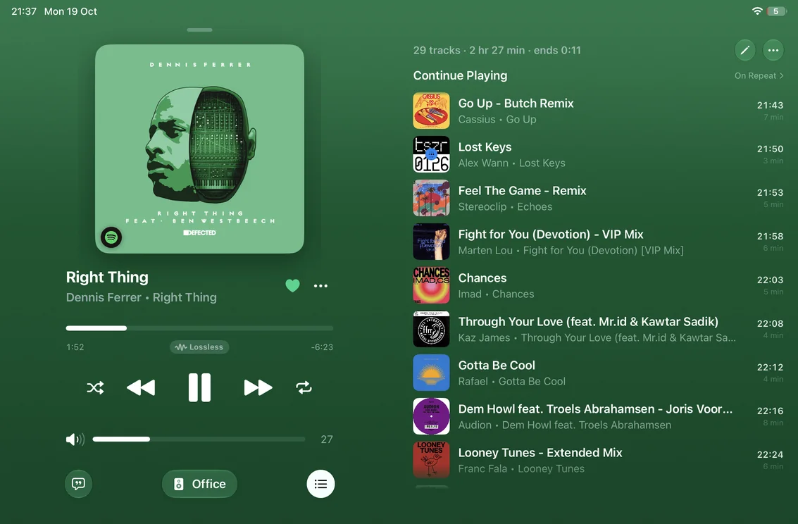 Now Playing on iPad, with the queue beside it.