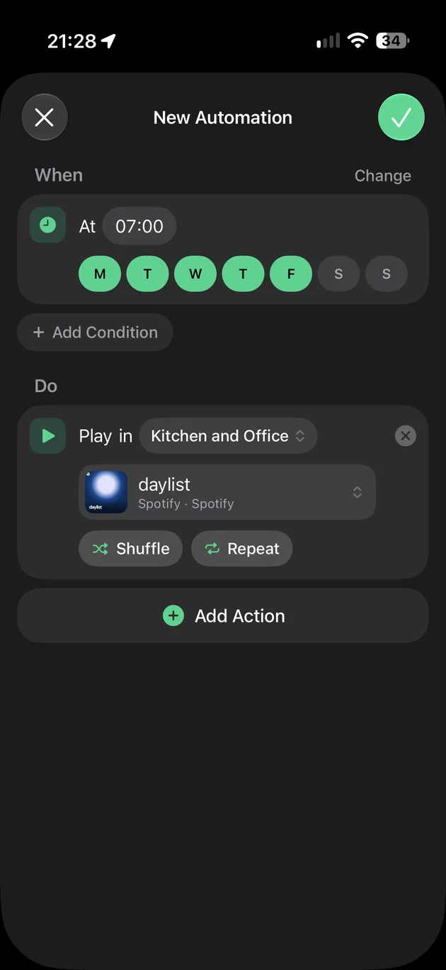 A new automation on iPhone: at 07:00 on weekdays, play daylist in the Kitchen and Office with shuffle and repeat.