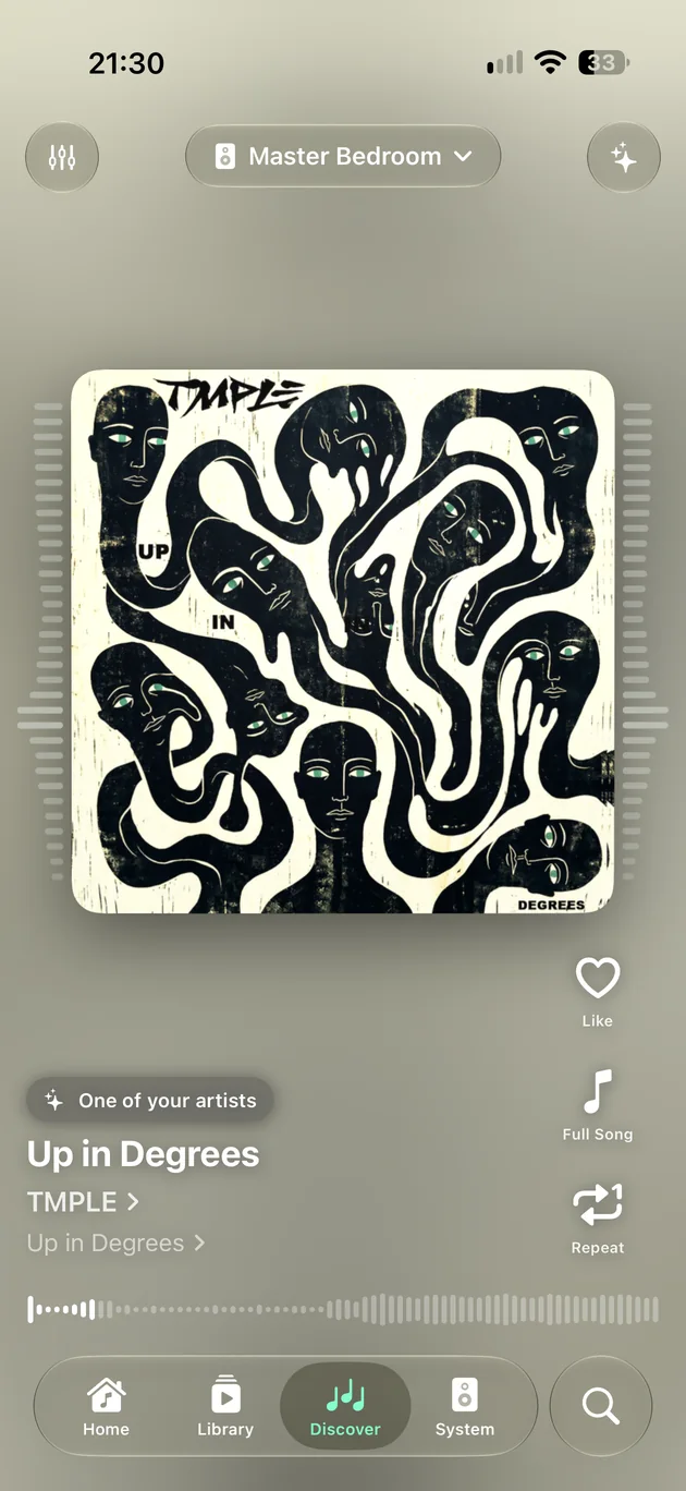 Discover on iPhone: a track by one of your artists, with Like, Full Song and Repeat beside the artwork.