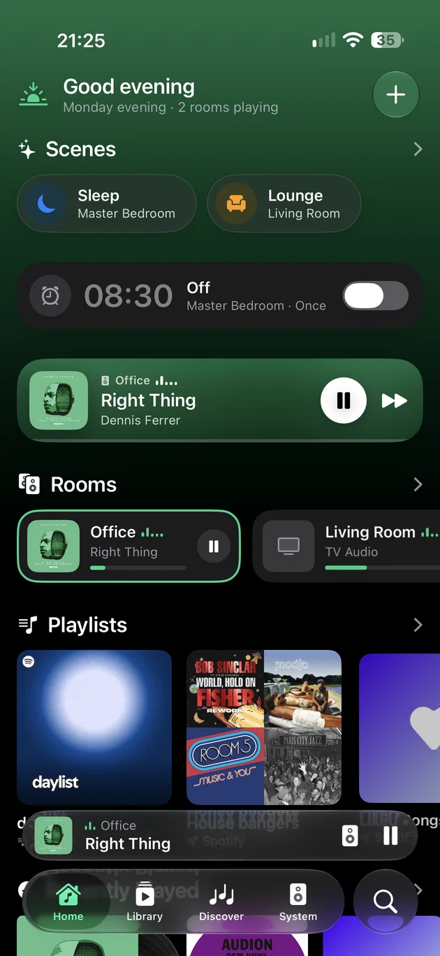Home on iPhone: scenes, the next alarm, what’s playing in the Office, rooms and playlists.