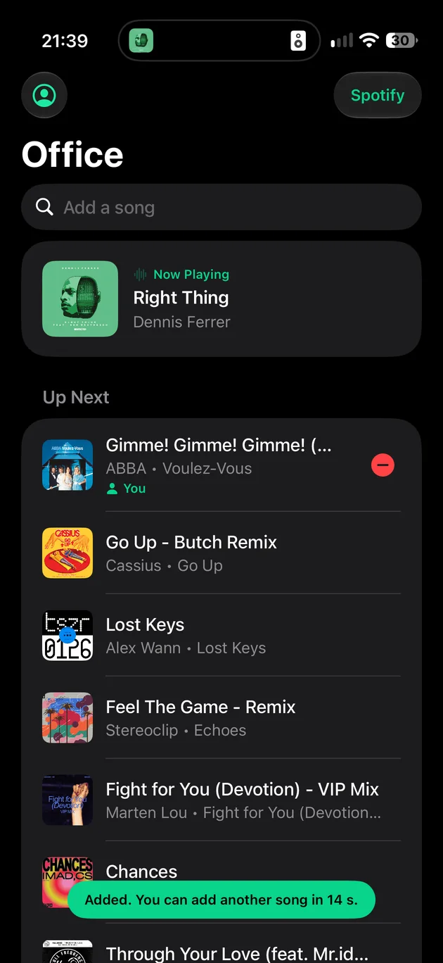 Party Jukebox on iPhone: what the Office is playing, what’s up next, and a note that the song was added.