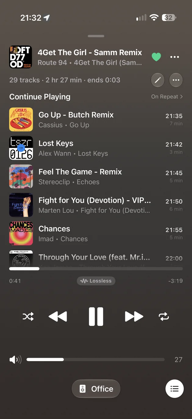 The queue on iPhone, with the time each song starts.