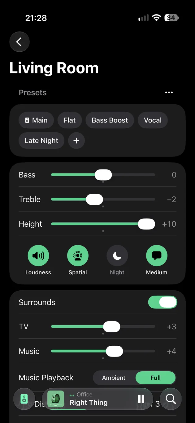 The Living Room’s sound on iPhone: presets, bass, treble, height, loudness, spatial, night and speech, surrounds, TV and music levels.