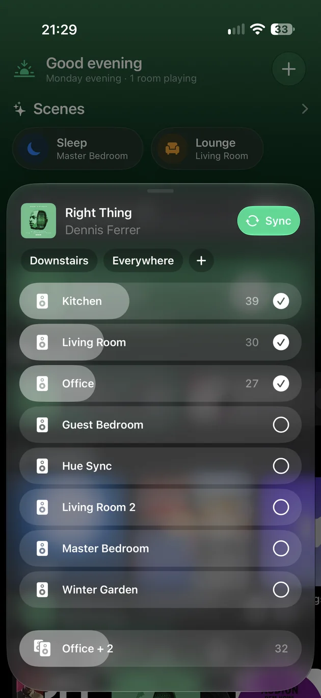 The rooms sheet over Home, with Kitchen, Living Room and Office ticked.
