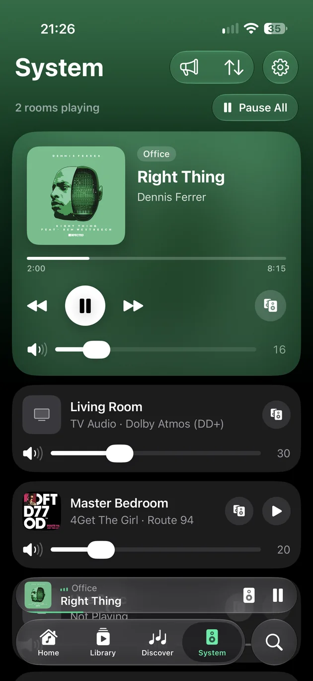 The System tab: a card for each room with what it plays and its volume.