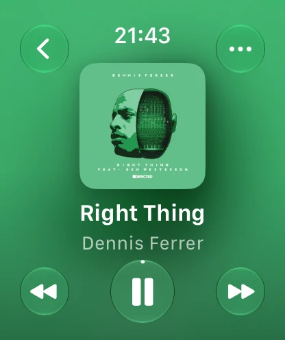 Now Playing on Apple Watch: Right Thing by Dennis Ferrer, with previous, pause and next.