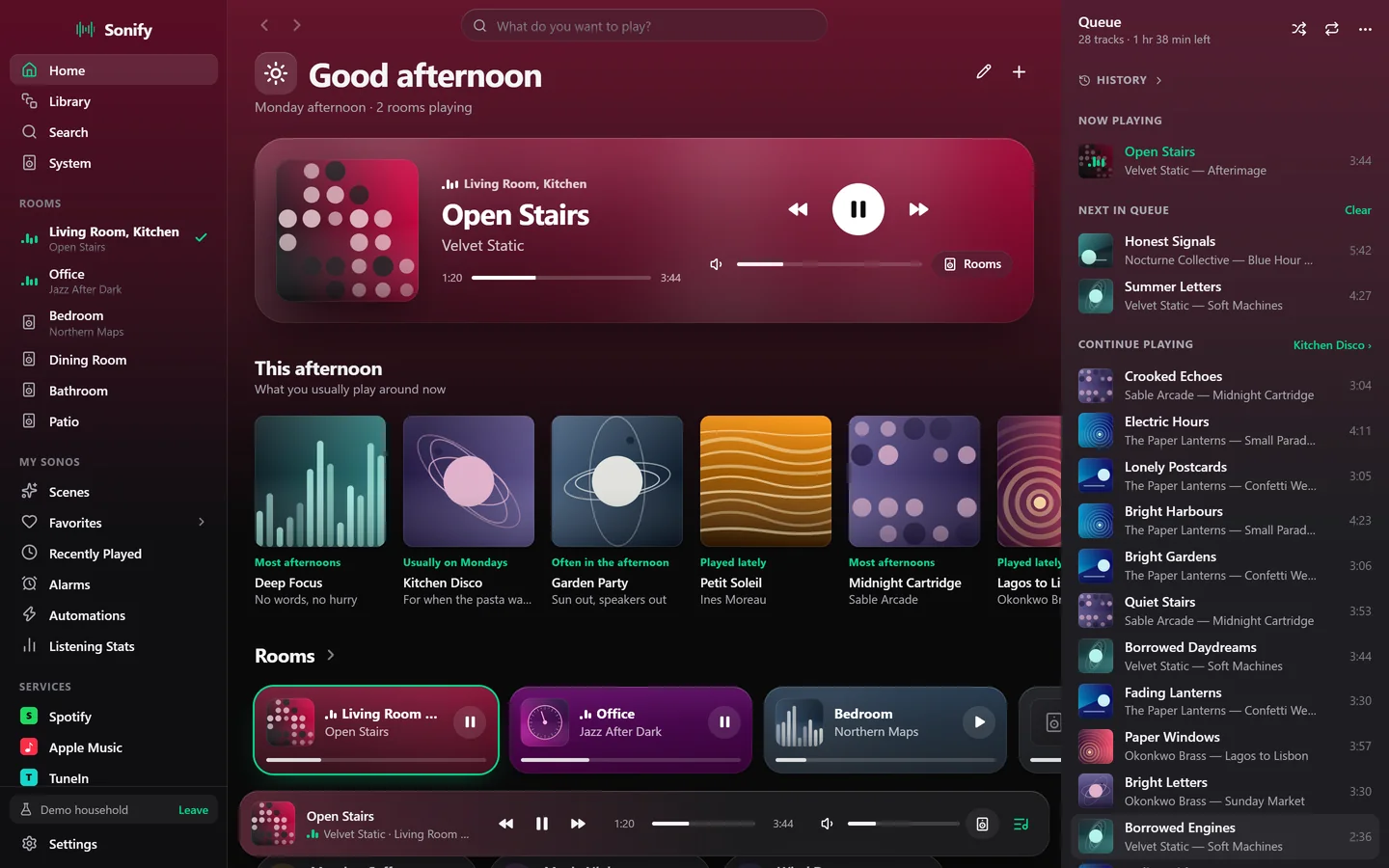 Sonify on a computer: a sidebar of rooms, scenes and music services, Home in the middle, and the queue on the right.